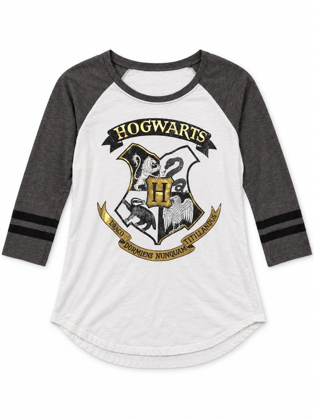 Harry Potter Hogwarts Crest Raglan Baseball Shirt Size S Gold Graphic